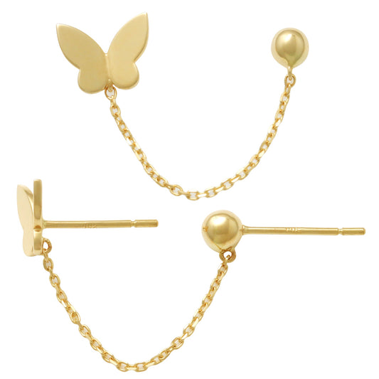 14K Solid Gold Butterfly & Ball Chain connction Stud Earrings